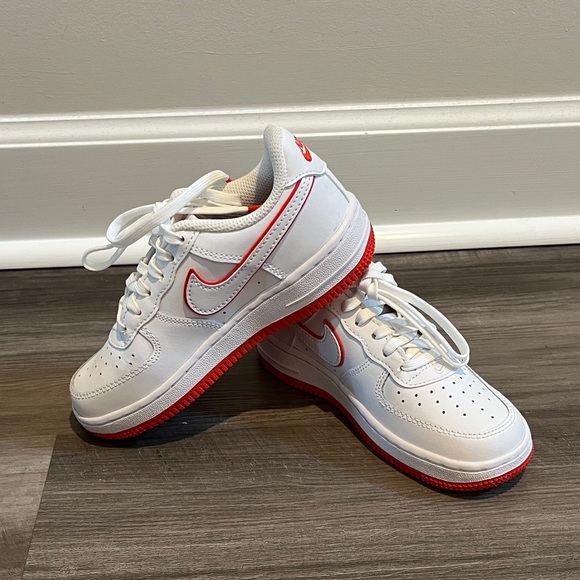 Nike Kids Force 1 Low- White Sneakers with Picante Red Accents